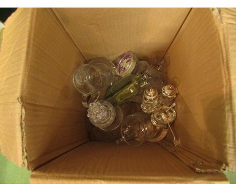 A quantity of glassware including an Edwardian decanter and Martell cognac flask