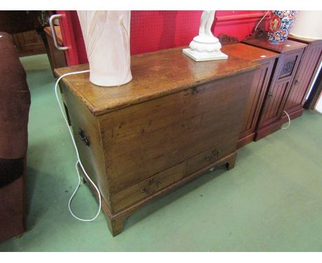 A George III pine mule chest with original paint finish, the rising lid and blue paper lined interior over two lined drawers 