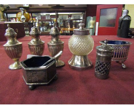 Mixed silver items including pepper grinder, salts etc