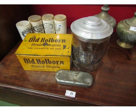 A vintage Meredith and Drew storage container, Old Holborn tobacco tin and vintage Carlsberg sunglasses
