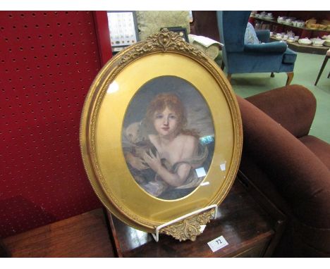 A gilt framed oval oil, mounted to board, portrait after J.B. Greuze. 25cm x 20cm