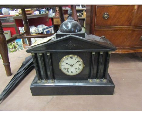 A Victorian black slate mantel clock of architectural form, with key, 40cm tall