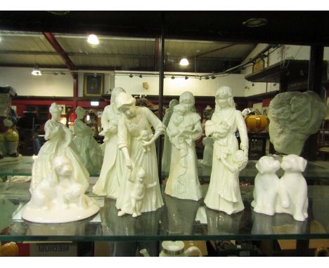 Five Royal Worcester style cream glaze figures including "Sweet Dreams" and "First Dance" together with two Royal Doulton Cla