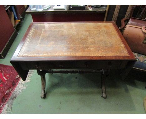 A reproduction mahogany sofa table with twin frieze drawers, tooled leather top, 90cm x 55.5cm