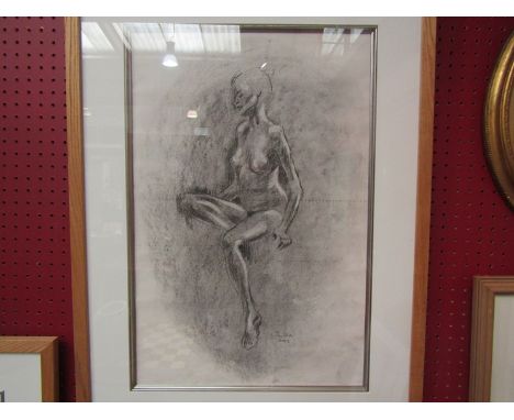 Two framed and glazed charcoal/pastel sketches of nude female studies, signed "Jane G-M" and dated 2003, 53cm x 36cm and 39cm