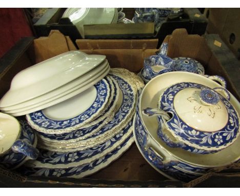 A part set of Grindley "Elysian" pattern ceramics, platters, sauce tureen and ladle and various blue and white ceramics
