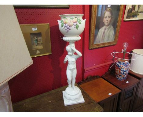 A modern Continental white glazed ceramic jardiniere on figural stand, 78cm