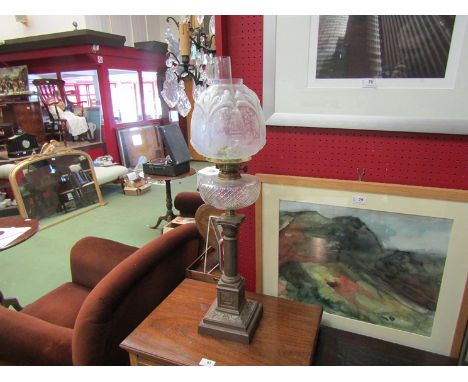 A Victorian oil lamp on pillar and stepped base, cut glass font