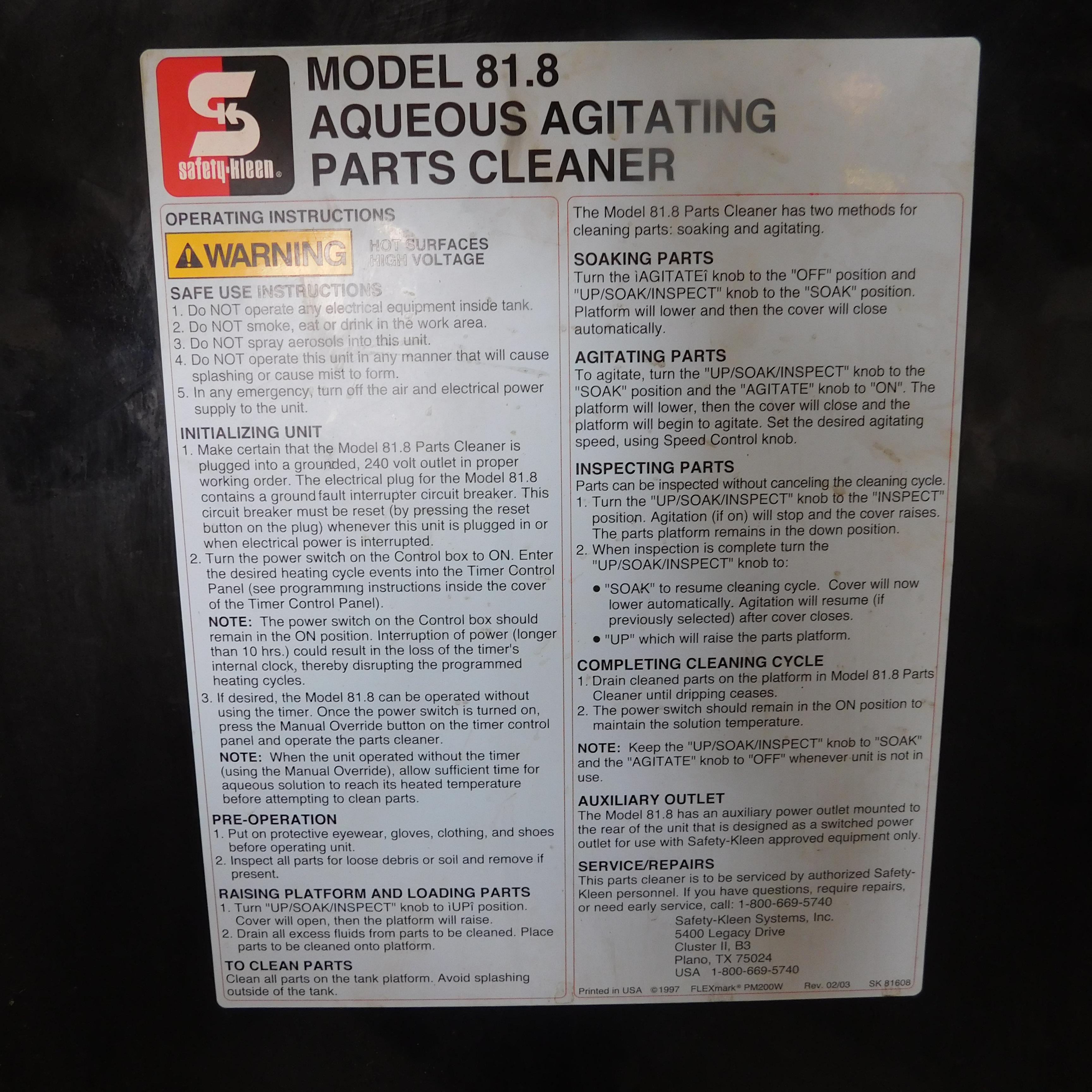 SAFETYKLEEN MODEL 81.8 AQUEOUS AGITATING PARTS CLEANER, S/N 00738