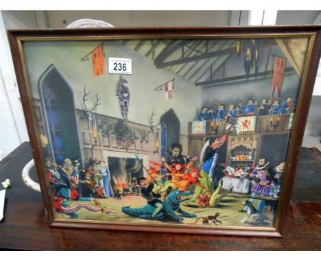 A framed and glazed colourful medieval courtroom Jester scene print