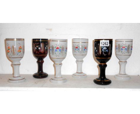 4 white and 2 ruby overlaid and hand painted glass goblets