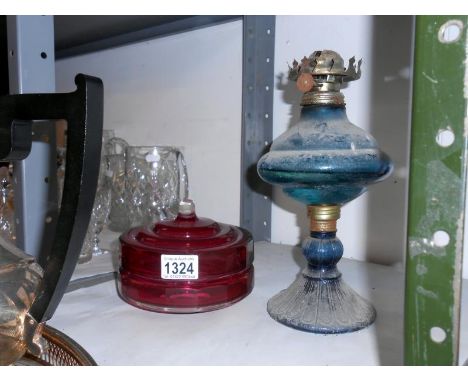 Cranberry glass oil lamp vessel and oil lamp base with blue glass font