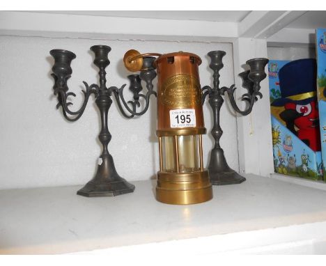 Pair of early 20th century candleabras and Aberaman colliery miners lamp
