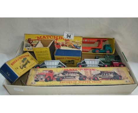 Boxed Matchbox M-8 car transporter and M-4 Fruehauf Hopper Train and some empty boxes