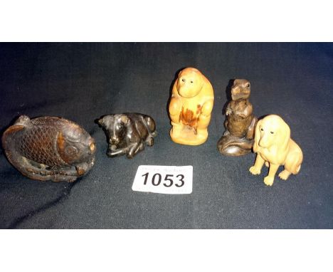 An old Japanese snuff bottle in form of a wooden fish & 4 carved wood netsuke 
