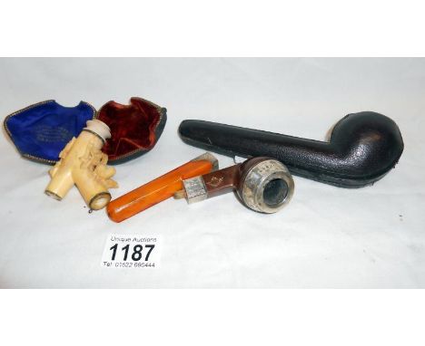 Cased pipe with silver mounts HM indistinct, amber mouthpiece, joint a/f and cased carved ivory pipe bowl