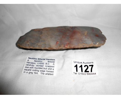 Neolithic bifacial handaxe c4000 BC, approx 15 x 7 x 3.5cm 419gm (from an old Bristol collection pre 1960's)
