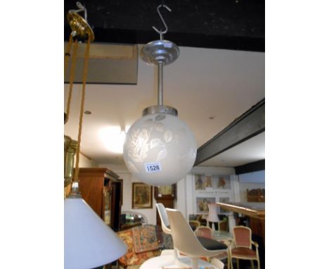 French etched globe shade bearing the signature 'Deveau' with light fitting