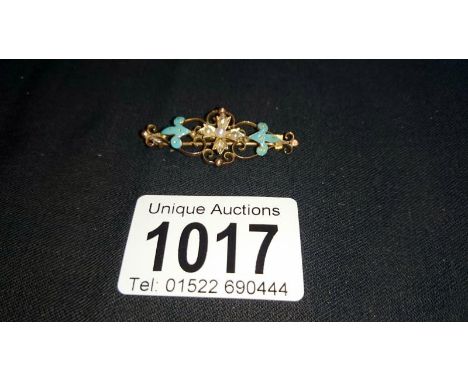 An enamel & pearl 9ct gold Edwardian brooch
