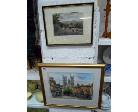 Judy Ashcroft signed print of Lincoln cathederal from Castle hill and a coloured engraving of Lincoln from Canwick