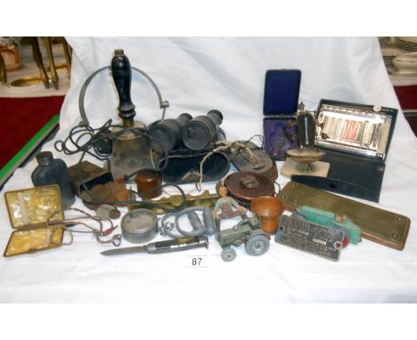 Mixed lot inc. binoculars, GEC headphones, cribbage board, Dinky toys etc.