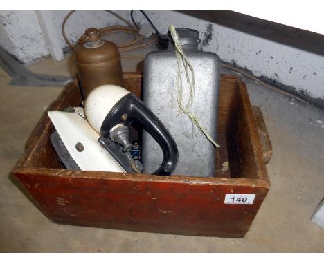 Old wooden box containing Tilley pressure iron, brass flask & aluminium diamond brand flash