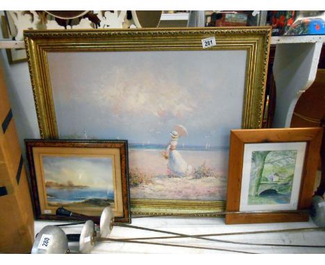 2 framed watercolours: a Seascape and Yorkshire Dales and an oil on canvas Edwardian Ladies on Beach