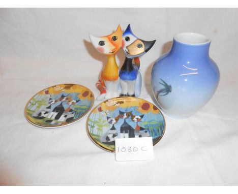 A Royal Copenhagen vase, 2 Goebel plates & a Goebel cat