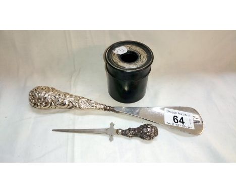 Dagger paper knife, large silver shoe horn & silver top container