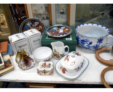 A Royal Worcester butter dish, milk jug and sugar bowl and 2 Nobile glass paperweights etc.