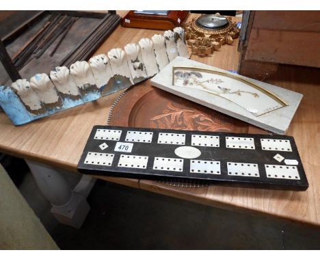 A copper charger, fire guard, cribbage board & framed mother of pearl depiction
