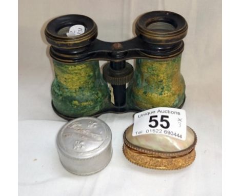 Mother of pearl snuff box, powdrette dubarry box and pair of opera glasses