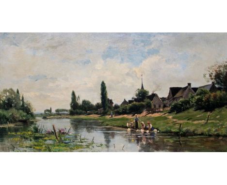 Adrien Jacques Sauzay (French, 1841-1928)River landscape with washerwomen by a villageSignedOil on panel 26.5 x 47.5cmProvena