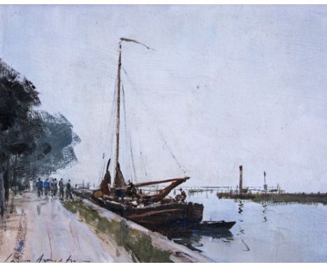 ‡Ian Houston (b. 1934)Barge Leaving the Quay, Edam, NetherlandsSignedOil on board25 x 30cmProvenance:Artist~s label, ref. H89