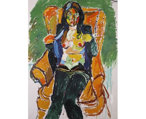 ‡John Bratby RA (1928-1992)Portrait of Diane Hills seated in an orange armchairSigned, also inscribed verso Diane Hills, Para