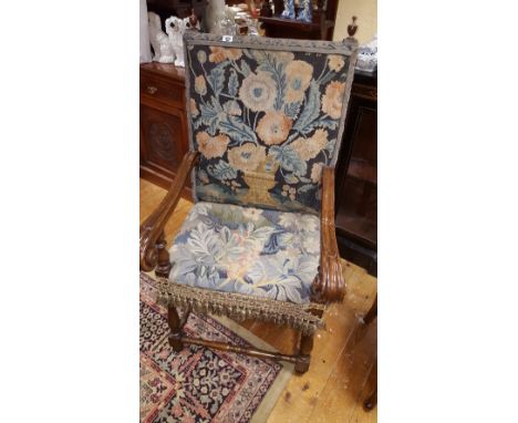 A Superb 19th Century Walnut Continental Armchair; with tapestry back and seat.