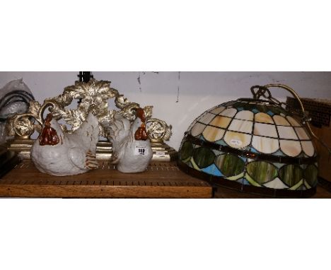 A Tiffany Style Ceiling Light Shade, along with a pottery cockerel & hen, a Laura Ashley shelf (4).