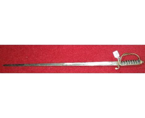 A Military Officers Sword with leather grip handle, metal hilt and leather scabbard.