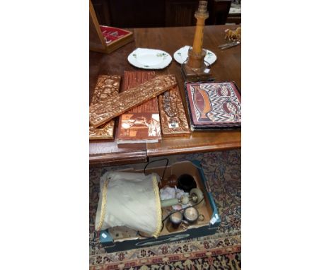 A Set of Australian Place Mats along with a Lighthouse Table Lamp and a Box Lot of Items.