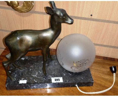 An Art Deco Design Figural Table Lamp formed as a Bronzed Metal Deer;  standing on a marbled slate base with globe etched gla