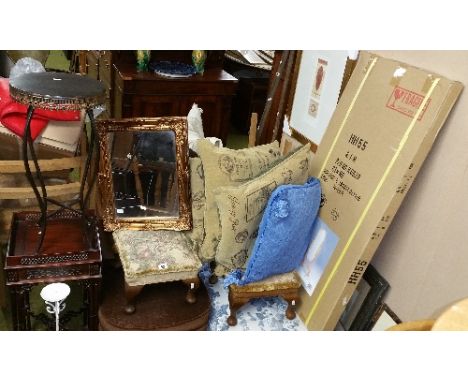 A Pair of Tapestry Covered Footstools, along with two nursing chairs, carved hardwood plantstand, cheval mirror (boxed), cush