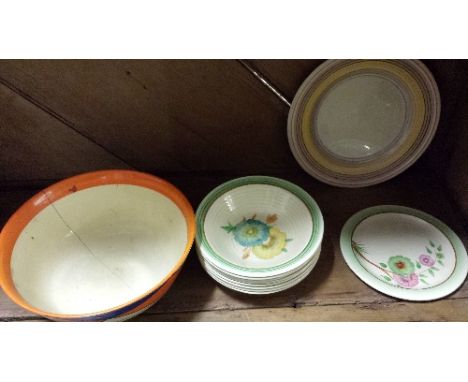 A Clarice Cliff 'Bizarre' Bowl (a/f), eight Honeydew bowls & a small Clarice Cliff plate
