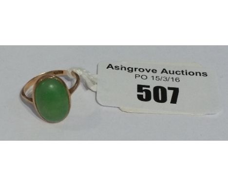 A Jade Dress Ring, oval cabochon cut oval jade 14.5x10mm, set in yellow rub over setting, yellow knofe shoulders to 1.98mm sh