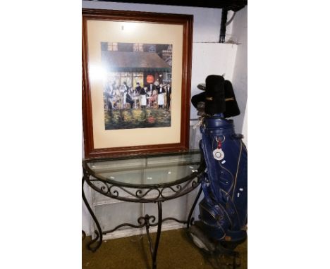 A Quantity of Items to include a modern metal glass topped table, part sash window, golf clubs & trolley, French print, tapes