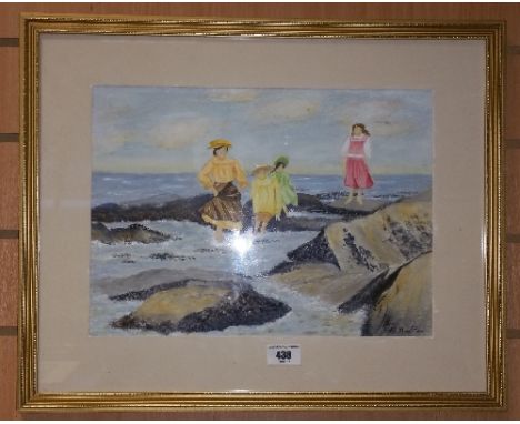 A Watercolour Depicting Girls by the Sea, signed 'R. Moulton', 26 x 36cm.