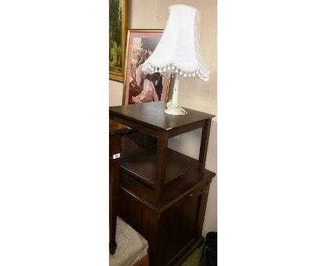 A Mahogany Cabinet, a brushing slide above a panelled door, together with an alabaster table lamp & end table (3).