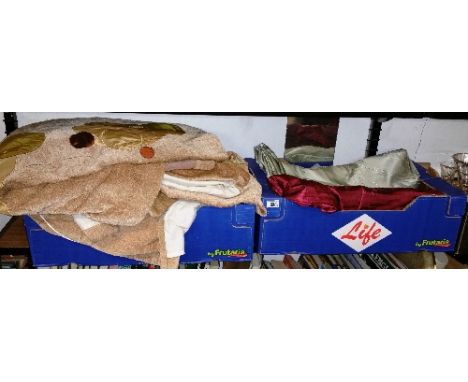 A Pair of Beige Lined Curtains 90 x 90; together with green curtains and a double red bedspread. (2 boxes).