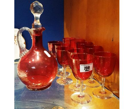 A Cranberry Glass Decanter & Stopper & Glasses.