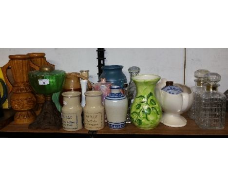 A Collection of Pottery, Glass & Ceramics to include a Vict. oil lamp base, pair of carved wooden vases, etc.