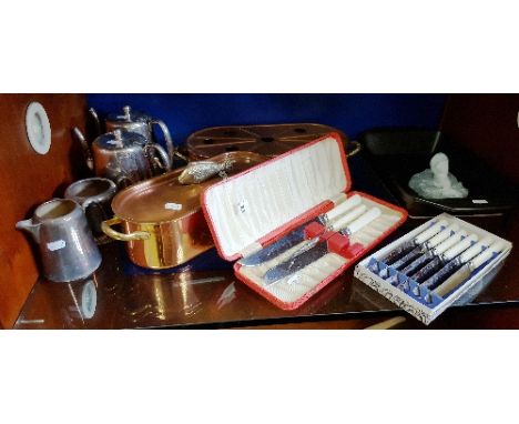 A Copper & Brass Fish Kettle, along with a copper & brass table-top food warmer, cased flatware & a four piece Henry Jenkins 